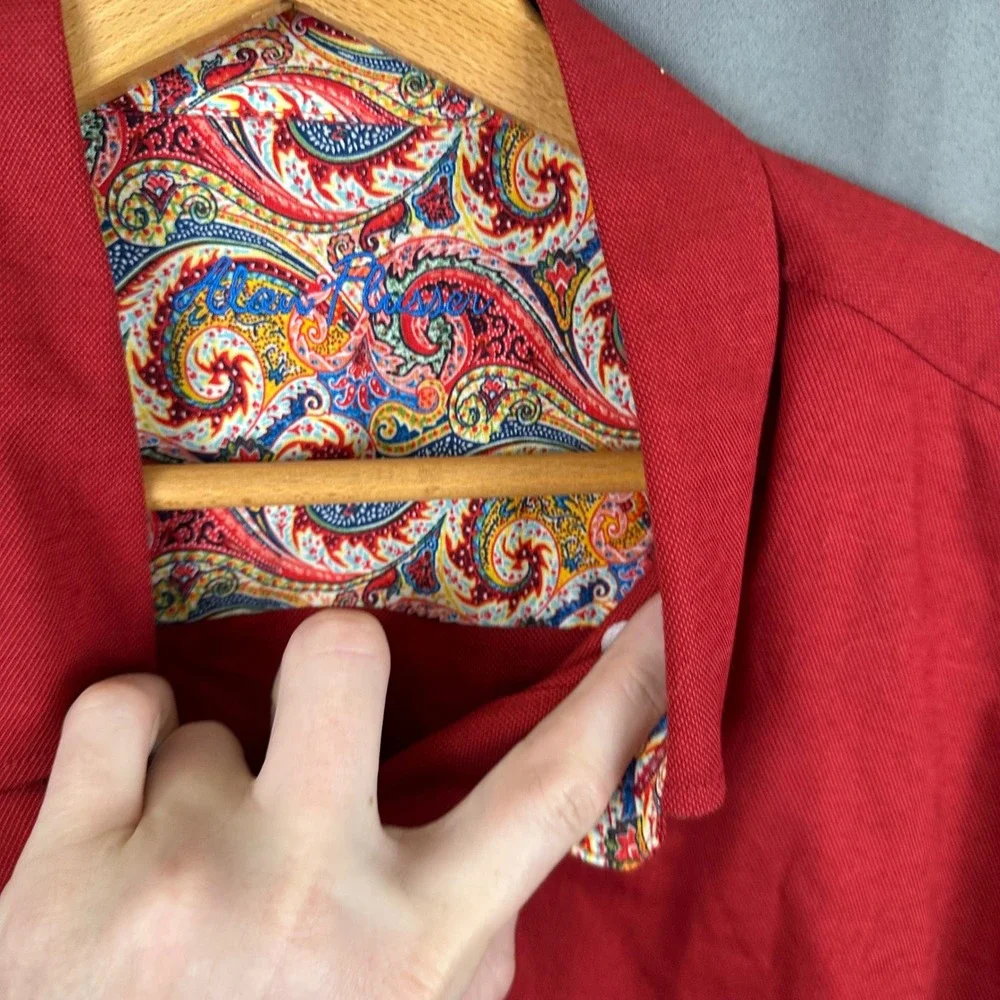 Alan Flusser Mens Red Button Down Shirt Paisley Trim Accents Long Sleeve Large